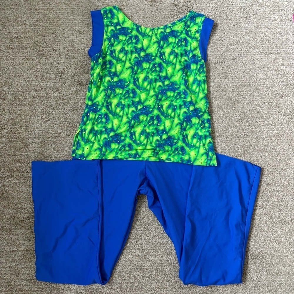 Blue , Green and Purple Dance Costume Short Sleeve Top and Pants - Size Large